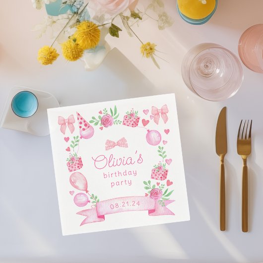 コケットピンクボウ名門私立校風のガール誕生日 スタンダードカクテルナプキン