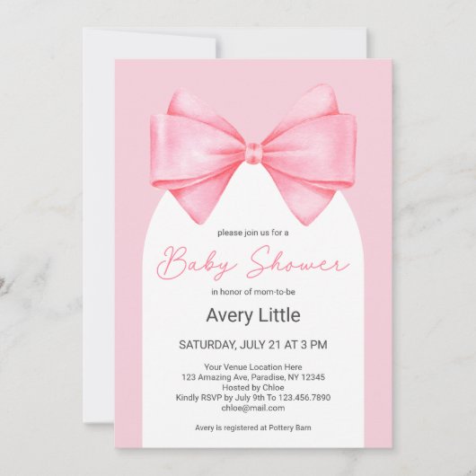 コケットピンクボウ女の子モダン赤ちゃんシャワー 招待状 (正面)