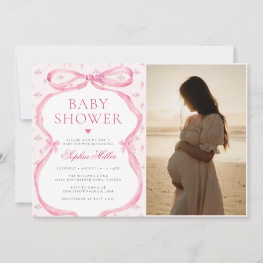 コケットピンクボウ赤ちゃんシャワー写真 招待状 (正面)