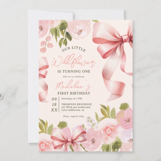 コケットピンクボウ&パステルフローラファースト誕生日 招待状 (正面)