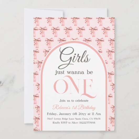 コケットピンクボーガールファースト1歳 招待状 (正面)