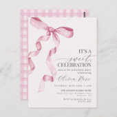 コケットピンクリボンの女の子の誕生日パーティー招待状 ポストカード (正面/裏面)