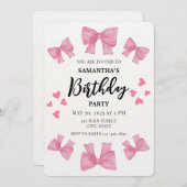 コケットピンク弓とハート誕生日パーティー 招待状 (正面/裏面)