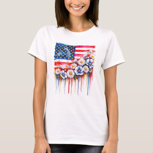 コケットフラワーUSA愛国的アメリカ国旗 Tシャツ (正面)