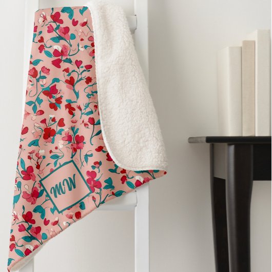 コケットフローラレッドピンクおよびティール(緑がかった色)モノグラム シェルパブランケット