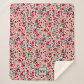 コケットフローラレッドピンクおよびティール(緑がかった色)モノグラム シェルパブランケット (正面)