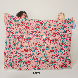 コケットフローラレッドピンクおよびティール（緑がかった色）モノグラム フリースブランケット