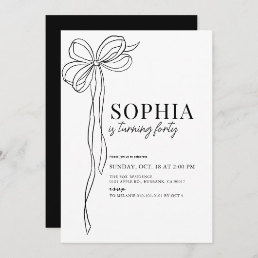 コケットブラックボウリボン大人誕生日 招待状 (正面/裏面)