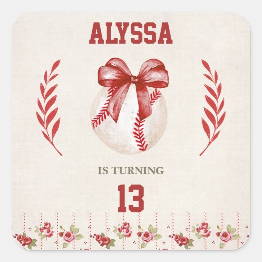 コケットベースボールレッドボウフローラヴィンテージ誕生日 スクエアシール (正面)