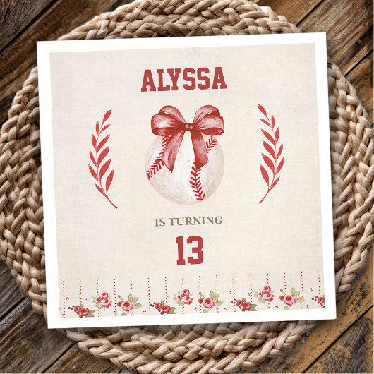 コケットベースボールレッドボウフローラヴィンテージ誕生日 スタンダードカクテルナプキン