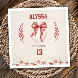 コケットベースボールレッドボウフローラヴィンテージ誕生日 スタンダードカクテルナプキン