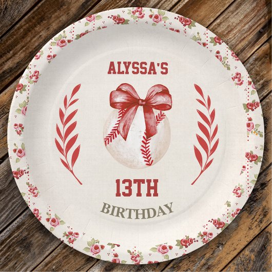 コケットベースボールレッドボウフローラヴィンテージ誕生日 ペーパープレート