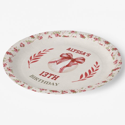 コケットベースボールレッドボウフローラヴィンテージ誕生日 ペーパープレート (アングル)