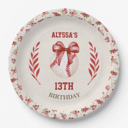 コケットベースボールレッドボウフローラヴィンテージ誕生日 ペーパープレート (正面)