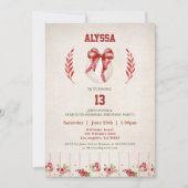 コケットベースボールレッドボウフローラヴィンテージ誕生日 招待状 (正面)