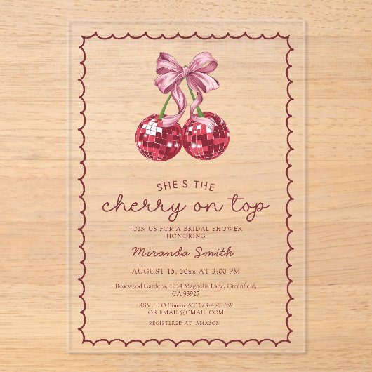 コケットボウさくらんぼオントップブライダルシャワー アクリル招待状 (正面)