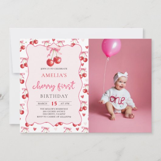 コケットボウさくらんぼ第1誕生日写真 招待状 (正面)