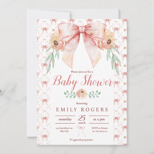 コケットボウと花模様ベビーシャワー 招待状 (正面)