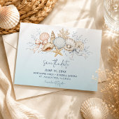 コケットボウと貝殻のビーチウェディングSave the Date 案内ポストカード