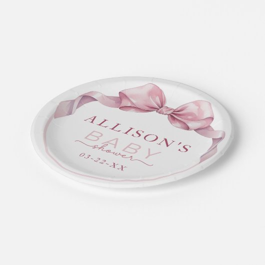 コケットボウベビーシャワープレートエレガント – ピンクリブ ペーパープレート (アングル)