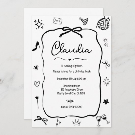 コケットボウ誕生日招待状お洒落パーティー 招待状 (正面/裏面)