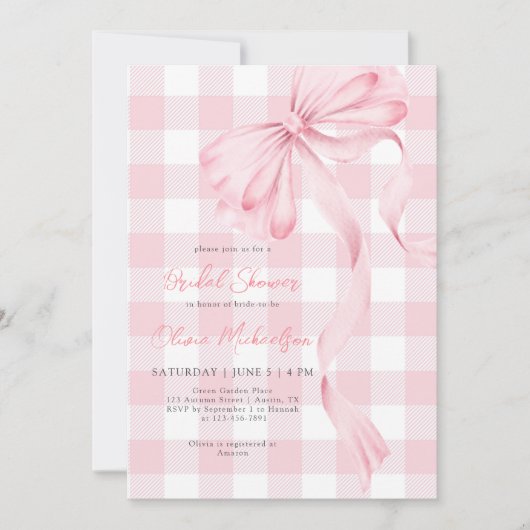 コケットボウ赤面プレイドピンクリボンブライダルシャワー 招待状 (正面)