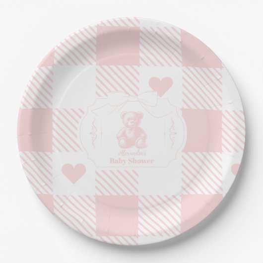コケットボーギンガムテディベアフランスのベビーシャワー ペーパープレート (正面)