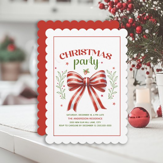 コケットボーレッドホワイトスカロップクリスマスパーティー 招待状