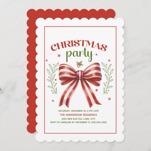 コケットボーレッドホワイトスカロップクリスマスパーティー 招待状 (正面/裏面)