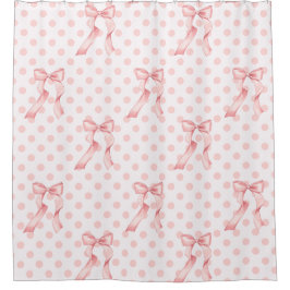 コケットルームデコールピンクボウズ&水玉模様 シャワーカーテン