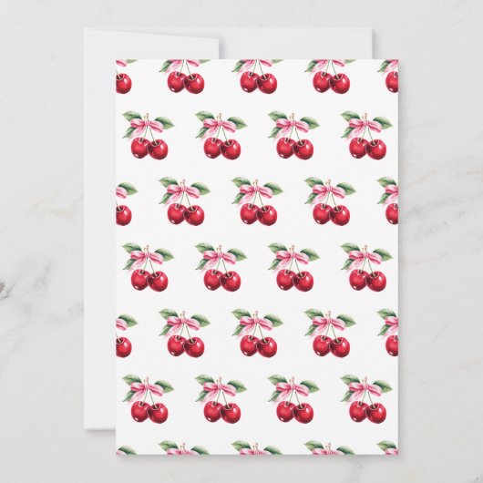 コケットレッドさくらんぼオントップピンクボウブライダルシャワー 招待状 (裏面)