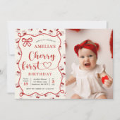 コケットレッドさくらんぼ第1誕生日写真 招待状 (正面)