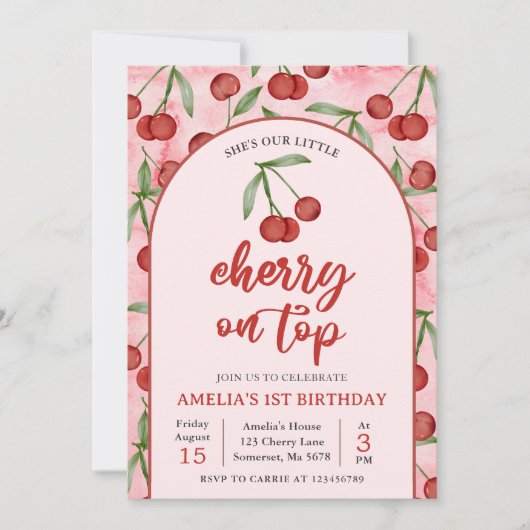 コケットレッドさくらんぼ1st誕生日パーティの招待状 招待状 (正面)