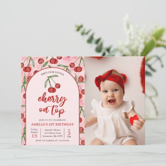 コケットレッドさくらんぼ1st誕生日パーティー写真 招待状 (スタンド正面)