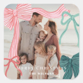 コケットレッドグリーン弓フォトクリスマスホリデー スクエアシール (正面)