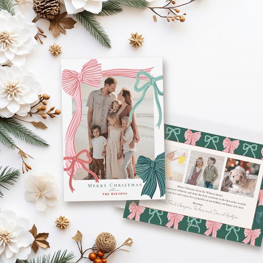 コケットレッド&グリーン弓4枚の写真クリスマス シーズンカード