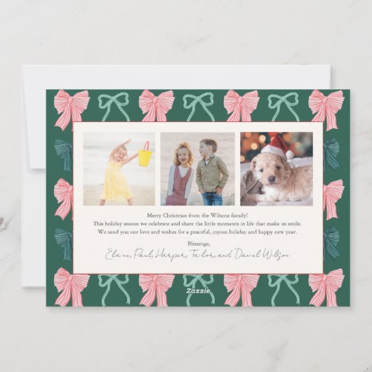 コケットレッド&グリーン弓4枚の写真クリスマス シーズンカード (裏面)