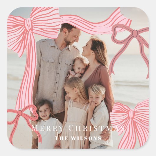 コケットレッド&ピンクボウズ写真クリスマスホリデー スクエアシール (正面)