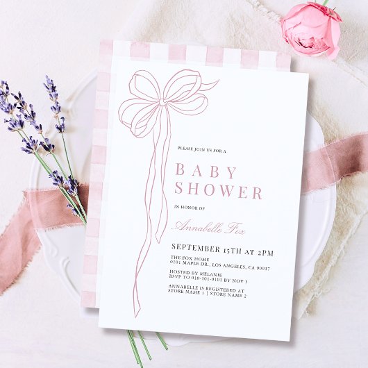コケットロングピンクボウのリボン女の子ベビーシャワー 招待状