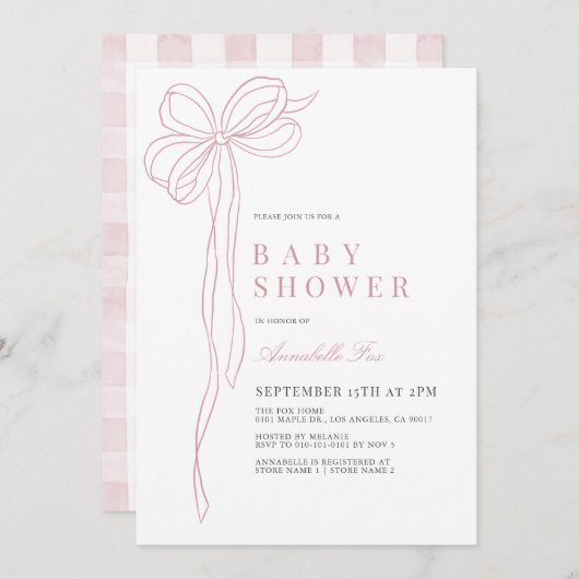 コケットロングピンクボウのリボン女の子ベビーシャワー 招待状 (正面/裏面)
