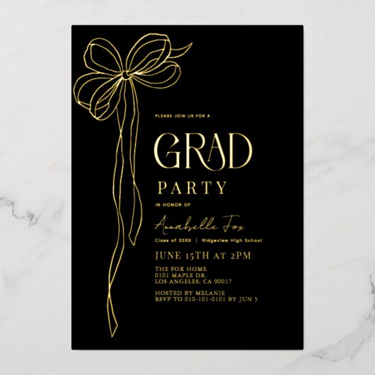 コケットヴィンテージ金ゴールドリボン卒業パーティー 箔招待状 (正面)