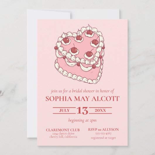 コケット図解入りの、写真付きのさくらんぼケーキブライダルシャワー 招待状 (正面)