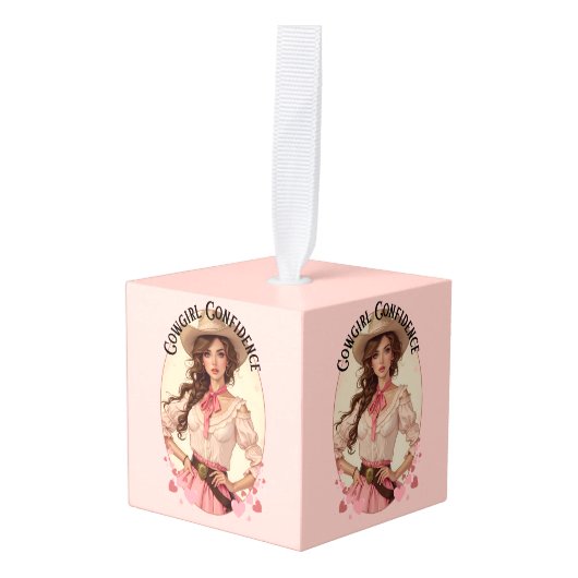 コケット女性のカーボーイウェスタンファッションポートレート キューブオーナメント (正面アングル)