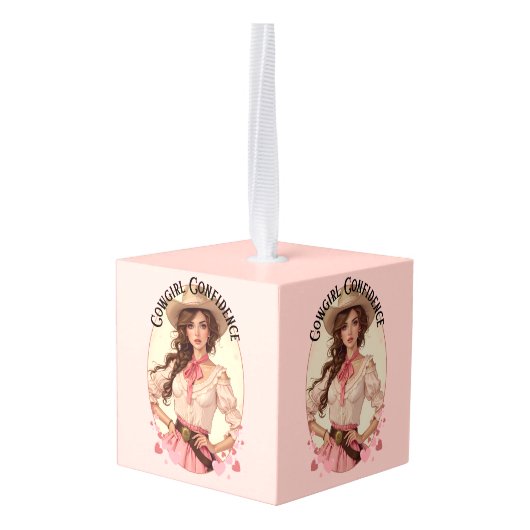 コケット女性のカーボーイウェスタンファッションポートレート キューブオーナメント (裏面アングル)