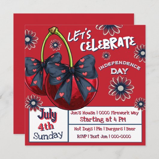 コケット弓のさくらんぼ白と青 招待状 (正面/裏面)