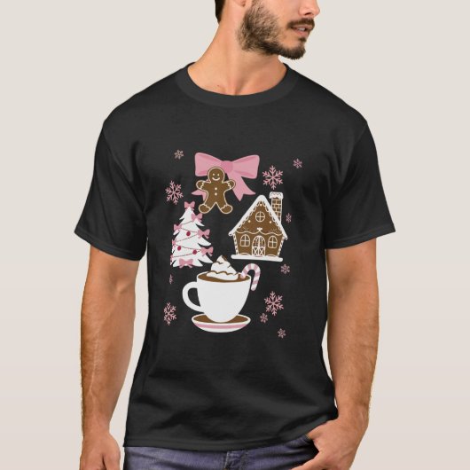 コケット弓ピンクジンジャーブレッドクリスマスガーリークリスマス Tシャツ (正面)