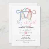 コケット弓ピンクブルーリボンジェンダーリビール 招待状 (正面/裏面)