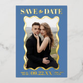 コケット弓レトロ結婚の写真デートを保存 箔招待状 (正面)