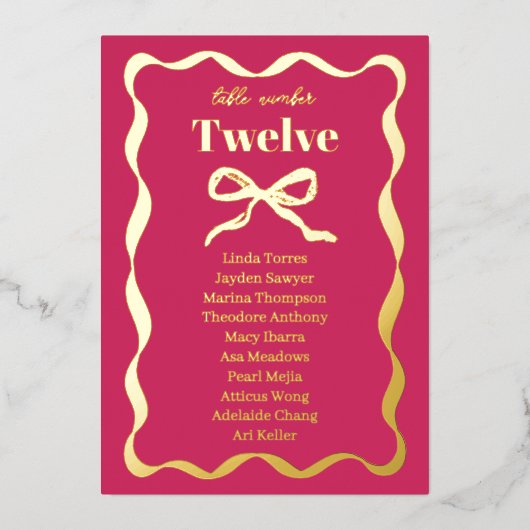 コケット弓レトロ結婚の座席図フォイルカード 箔招待状 (正面)