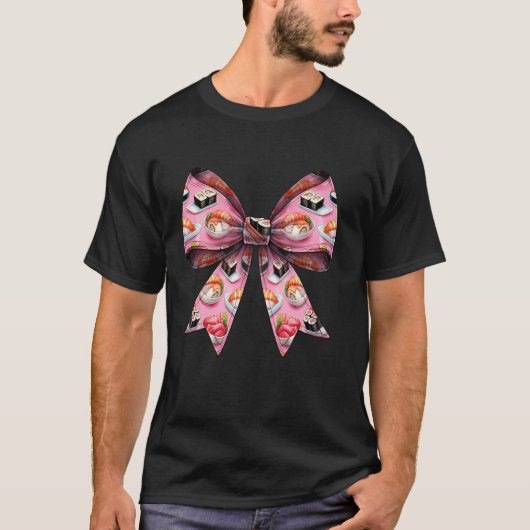 コケット弓寿司日本のフードパターンピンクリブ Tシャツ (正面)